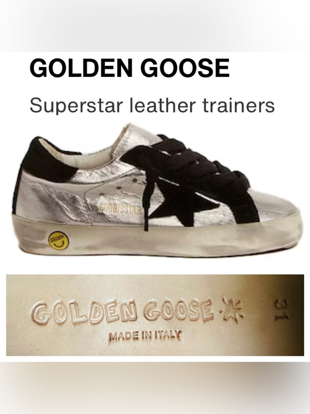 GOLDEN GOOSE (KIDS) 👶🏾 🧒 Superstar Metallic Silver Black  Star Leather Sneakers